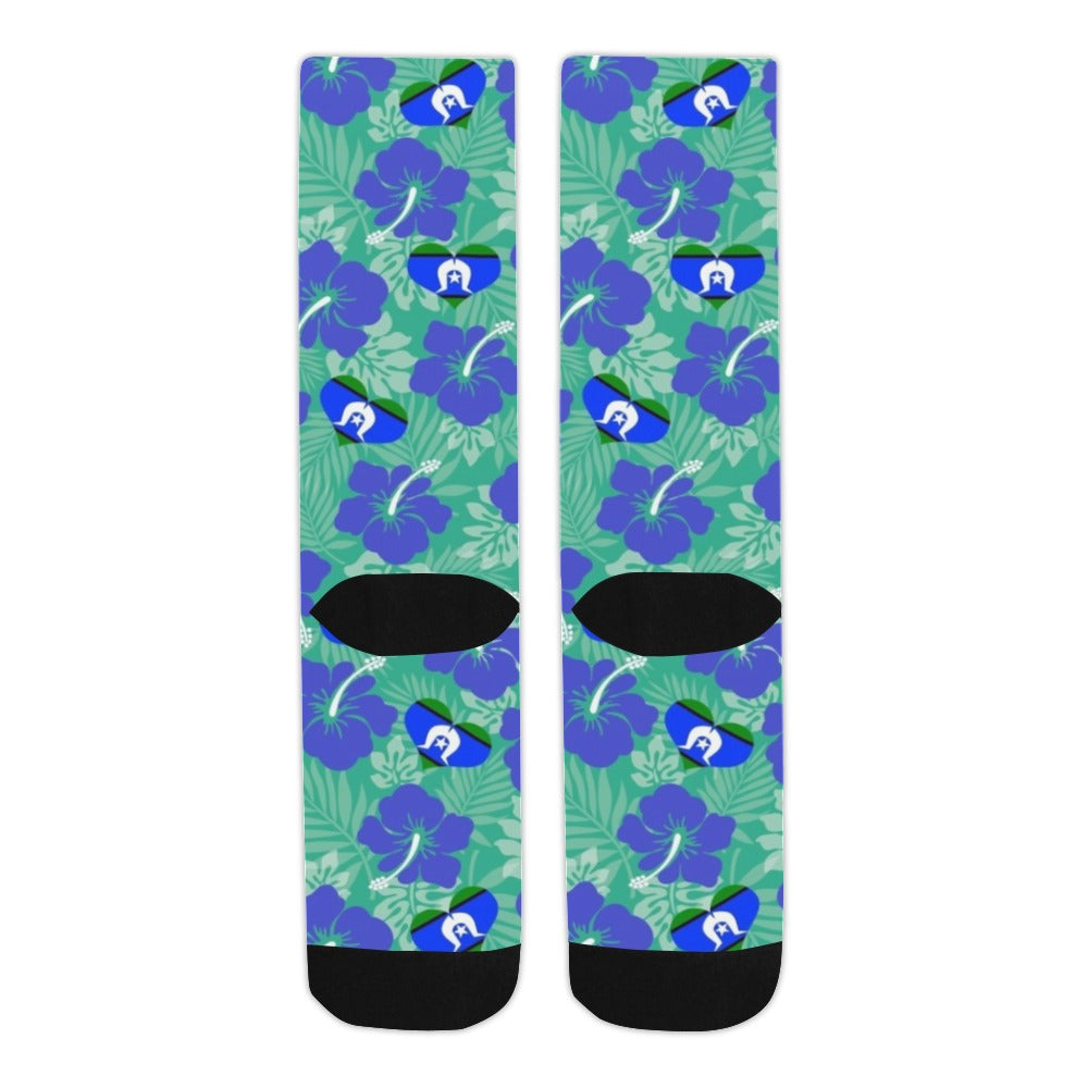 Hibiscus flowers with Torres Strait Heart Flag on Crew Socks (Made In AUS)