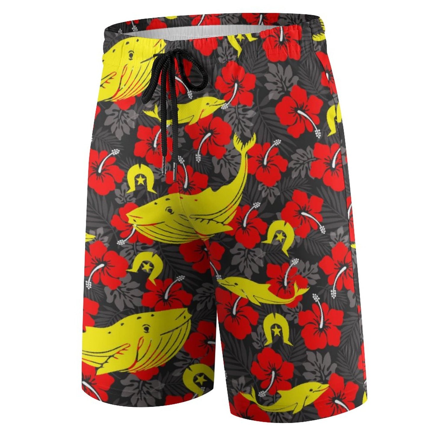 Royal Red Hibiscus with Yellow Dhari, Whale and Dolphin on Kid's Beach Pants