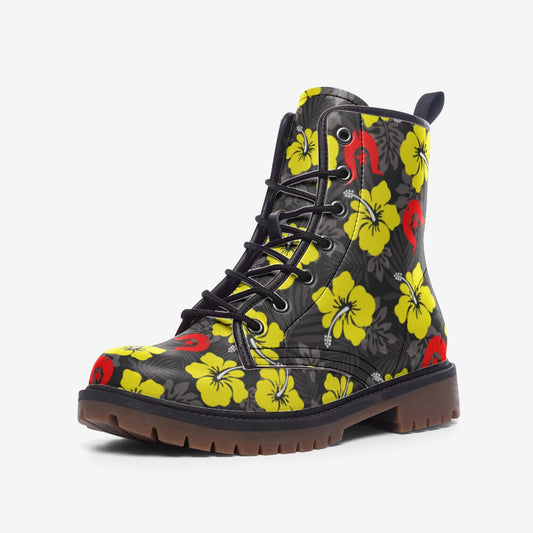 Royal yellow Hibiscus with Red Dhari on Casual Leather Lightweight Boots