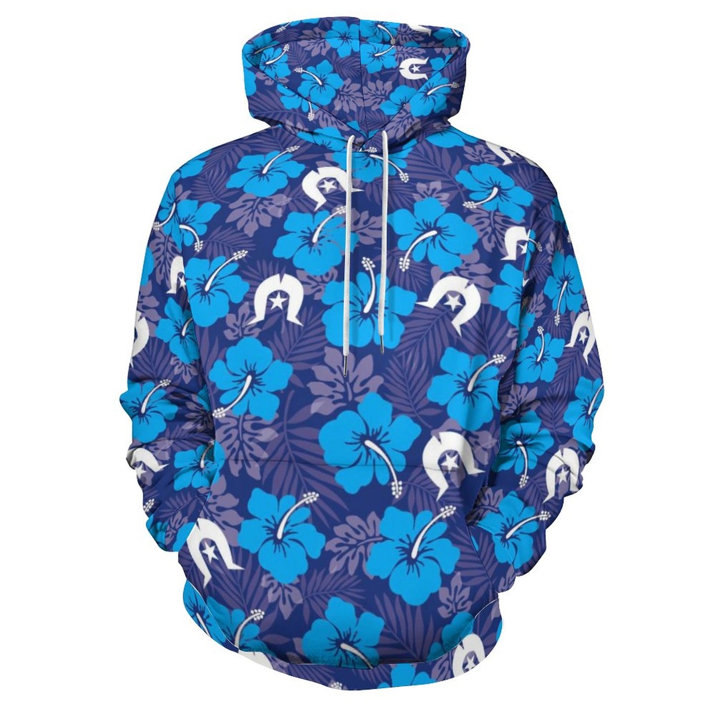Hibiscus flowers with White Dhari (Royal blue) on Lady Hoodie with Double-layer Cap