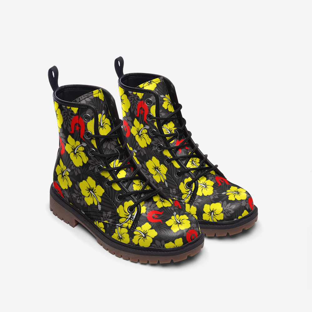 Royal yellow Hibiscus with Red Dhari on Casual Leather Lightweight Boots