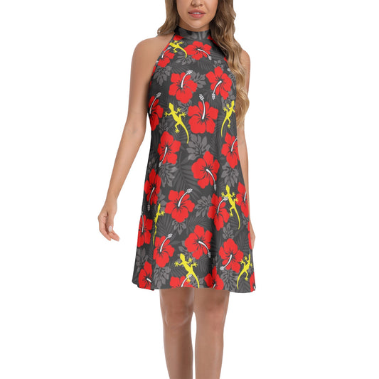 Royal Red Hibiscus flowers with Gecko on Tie Back Halter Neck Flared Dress