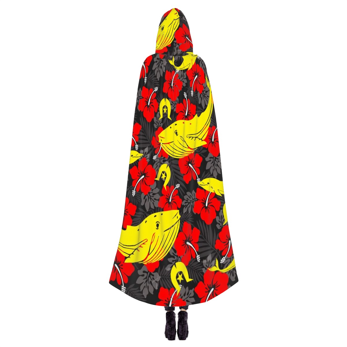 Royal Red Hibiscus with Yellow Dhari, Whale and Dolphin on Hooded Cloak