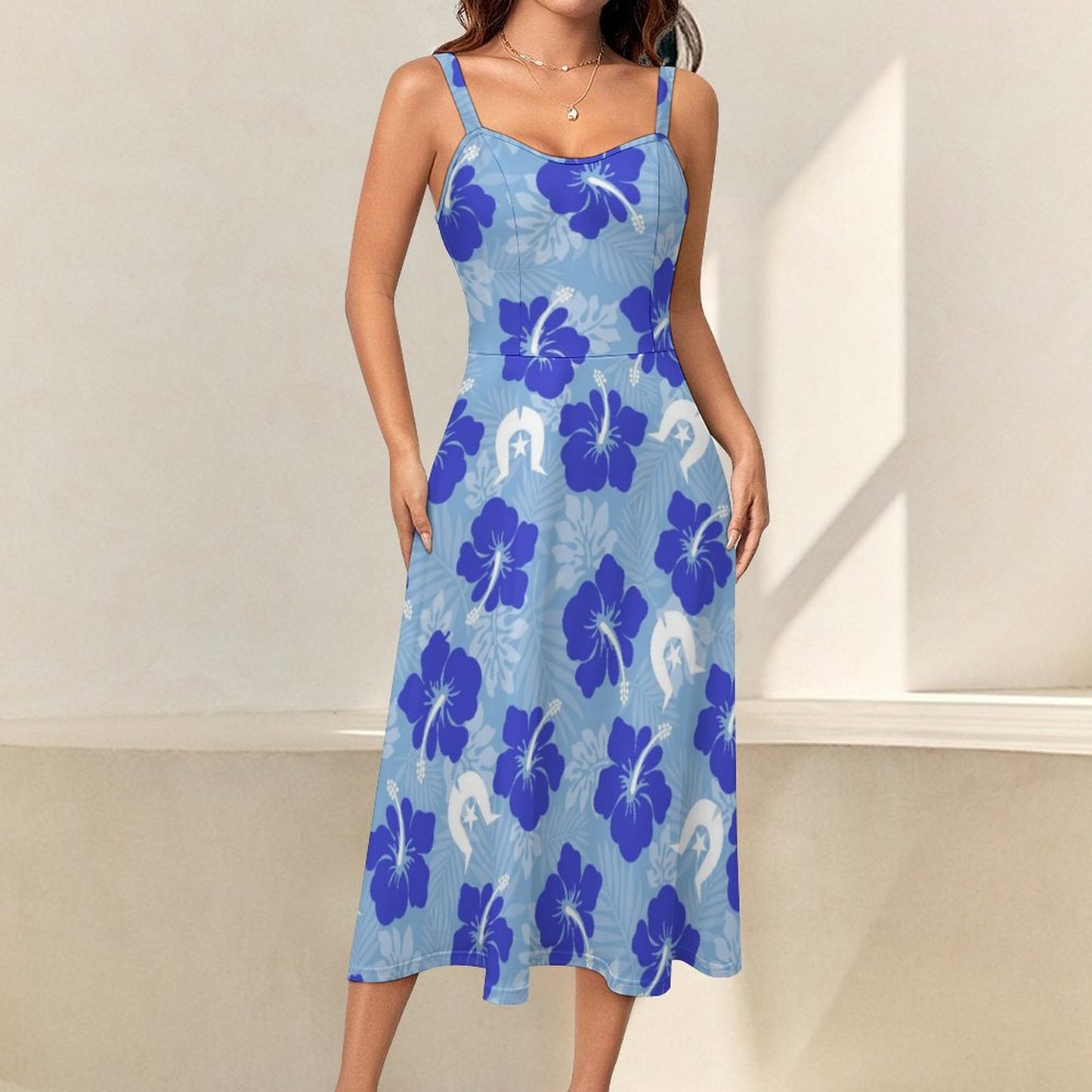 Hibiscus flowers with White Dhari (Sky blue) on Midi Spaghetti Strap Dress