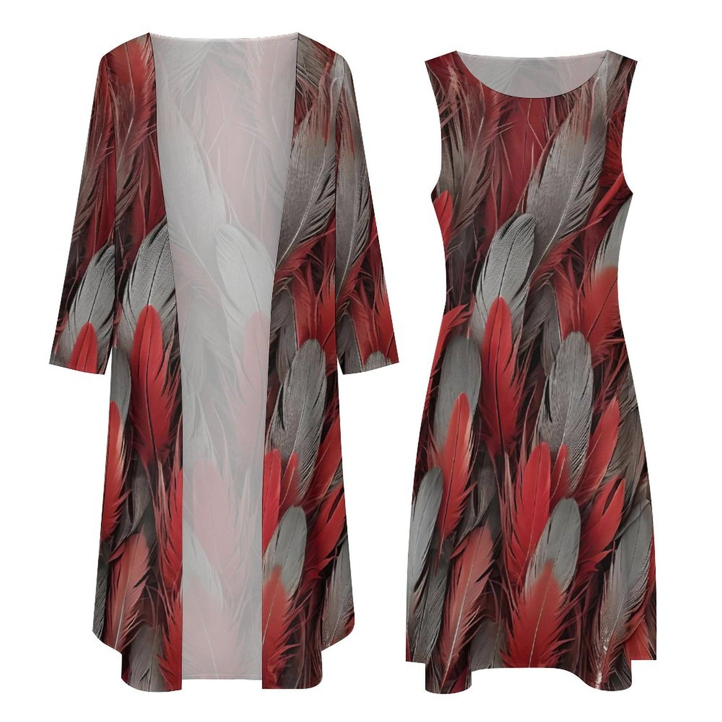 Red and Grey Feather on Long Dress Set