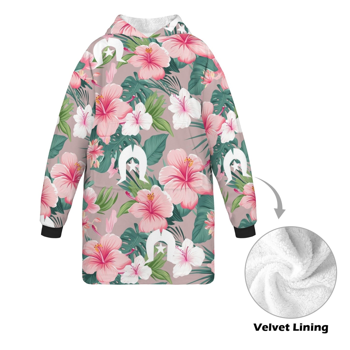 Pink Hibiscus flowers with White Dhari on Blanket Hoodie for Big Kids