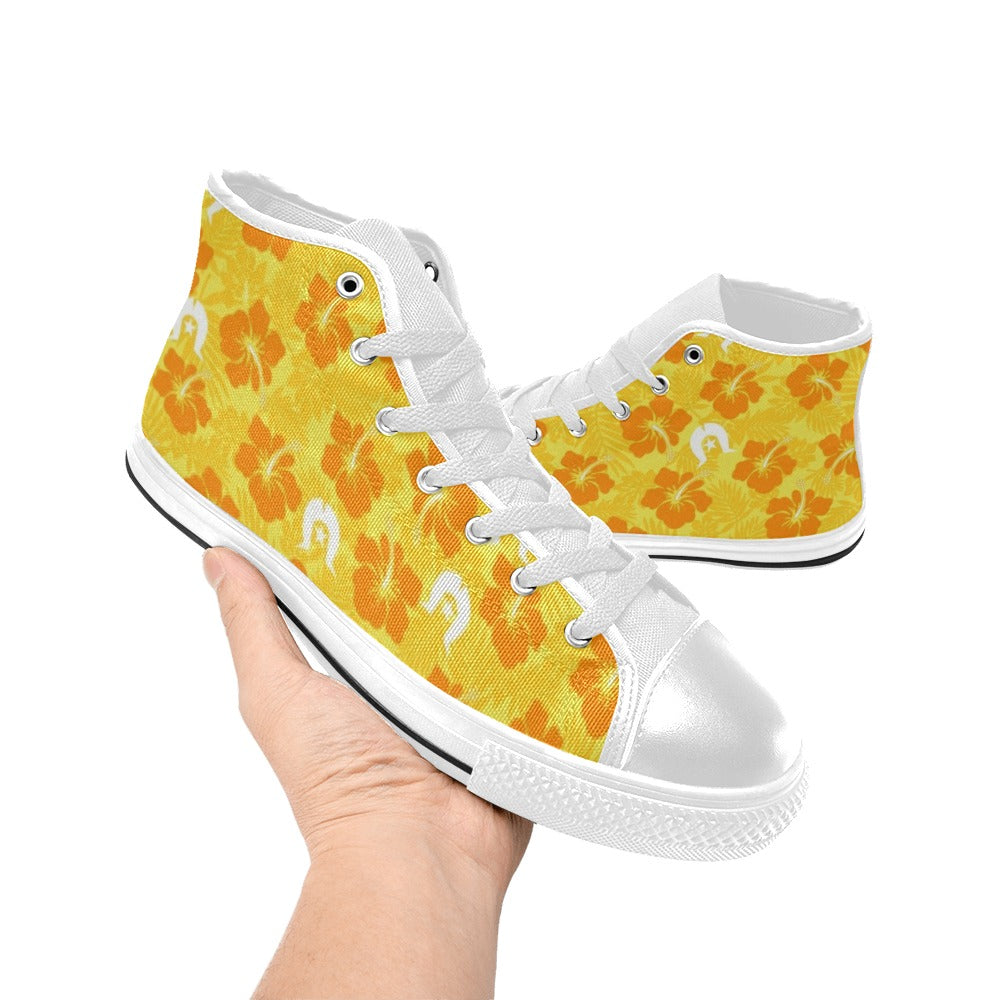Hibiscus flowers with Dhari (Gold) on Women's High Top Canvas Shoes