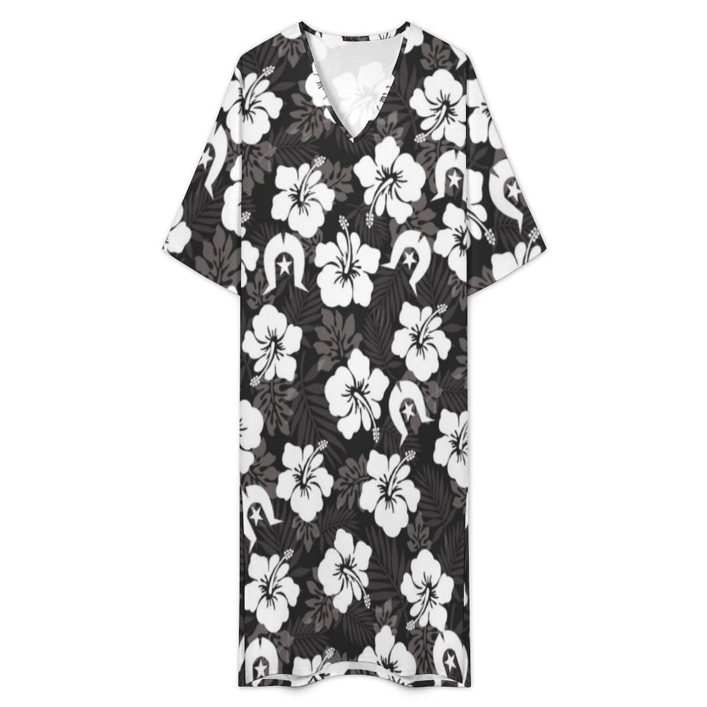 White Hibiscus and Dhari (Black) on Mediterranean Style V Neck Mid-Sleeve Robe