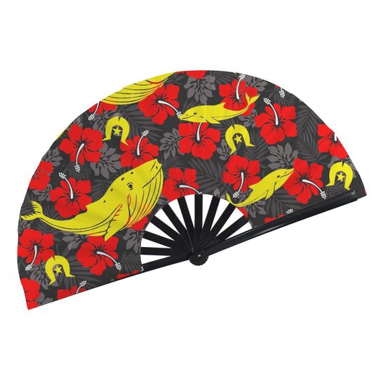 Royal Red Hibiscus with Yellow Dhari, Whale and Dolphin on  Folding Clack Fan