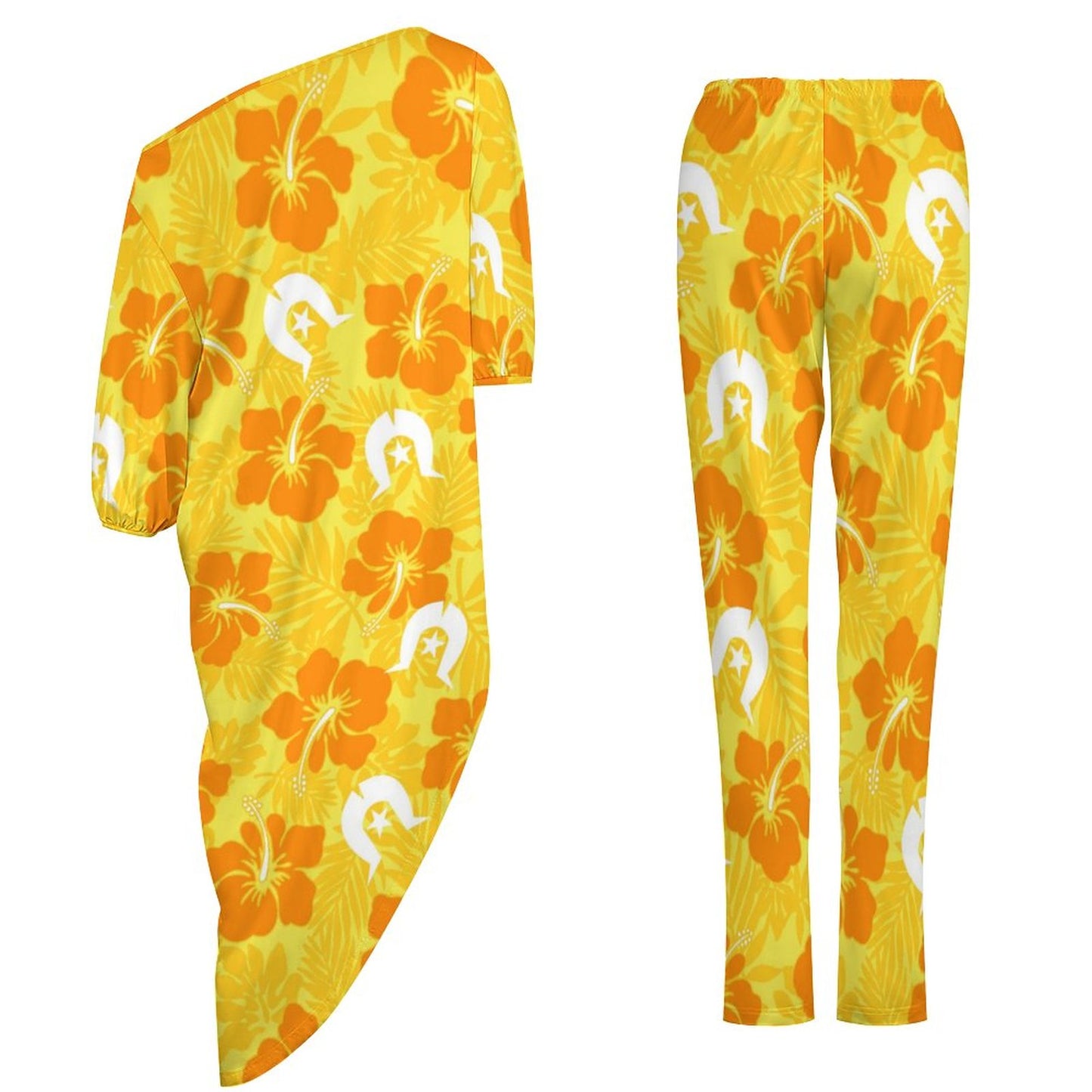 Hibiscus flowers with Dhari (Gold) on Diagonal Shoulder Two Piece Set