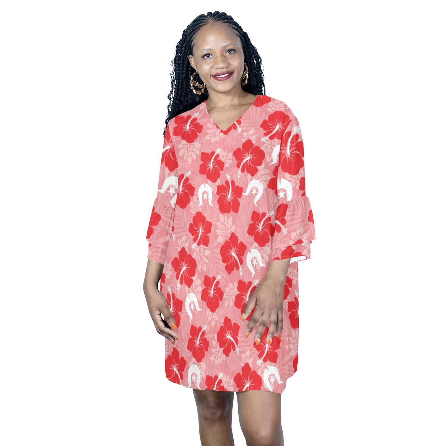Hibiscus flowers with Dhari (Royal Pink) on Half Sleeves V-Neck Mini Dress