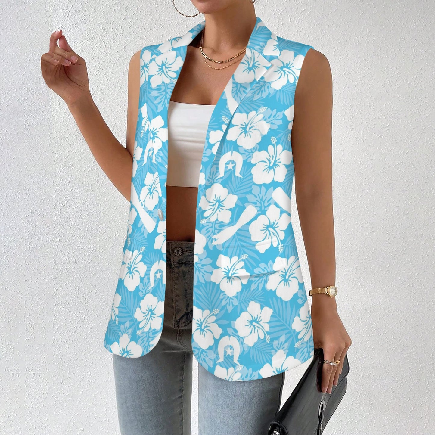 White Hibiscus flowers, Warup and Dhari on Women Sleeveless Suit Vest