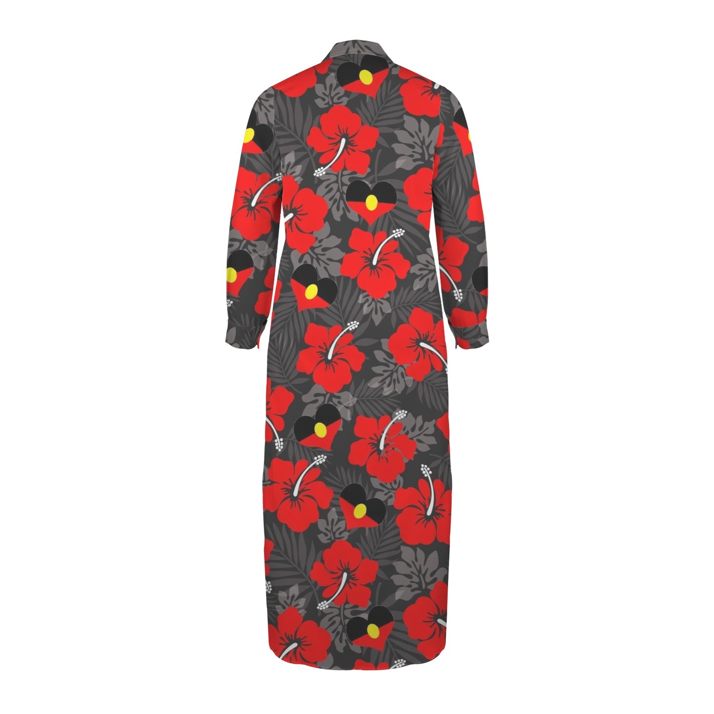 Red Hibiscus flowers with Aboriginal Heart-shaped flag on Button Long Sleeve Shirt Dress