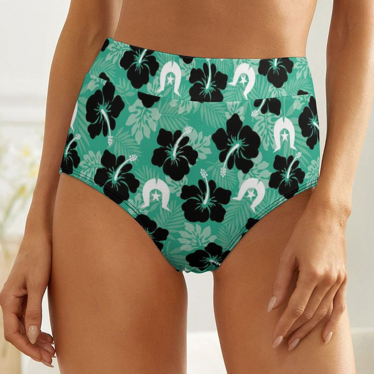 Black Hibiscus with White Dhari on Women's High-Rise Panties