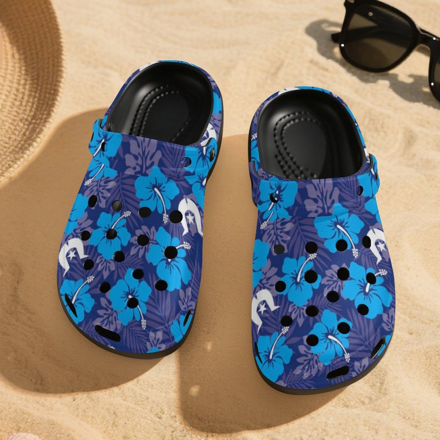 Hibiscus flowers with White Dhari (Royal blue) on Women's High-heeled Clogs