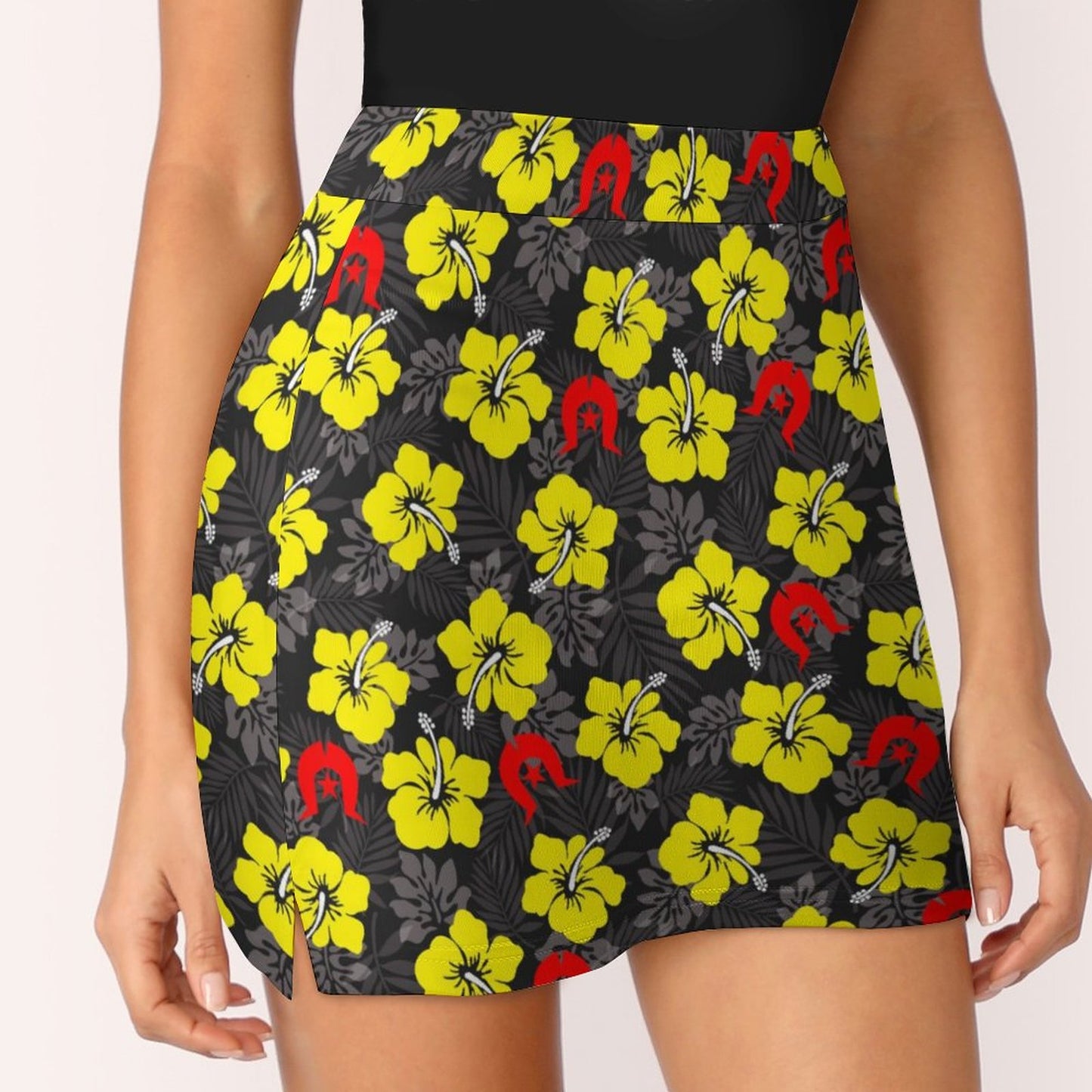 Royal yellow Hibiscus with Red Dhari on Anti-peep Skort with Pocket AMQ