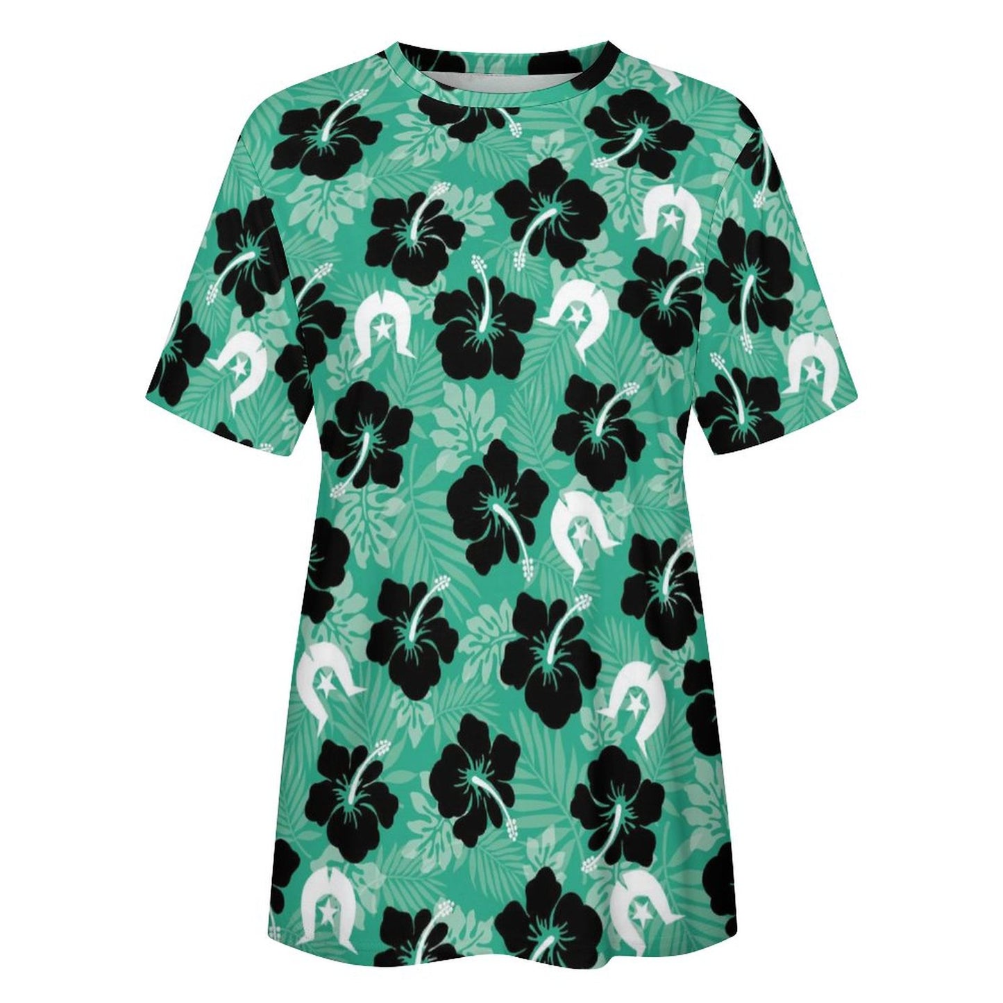 Black Hibiscus with White Dhari on Cotton Summer Short Sleeve T-Shirts for Women