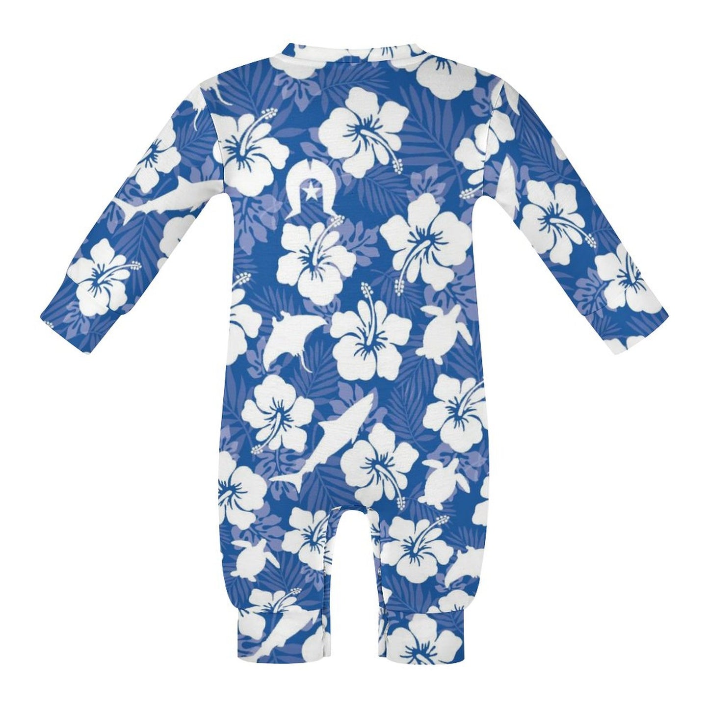 White hibiscus flowers with Dhari, Shark, turtle, and stingray on Baby Romper