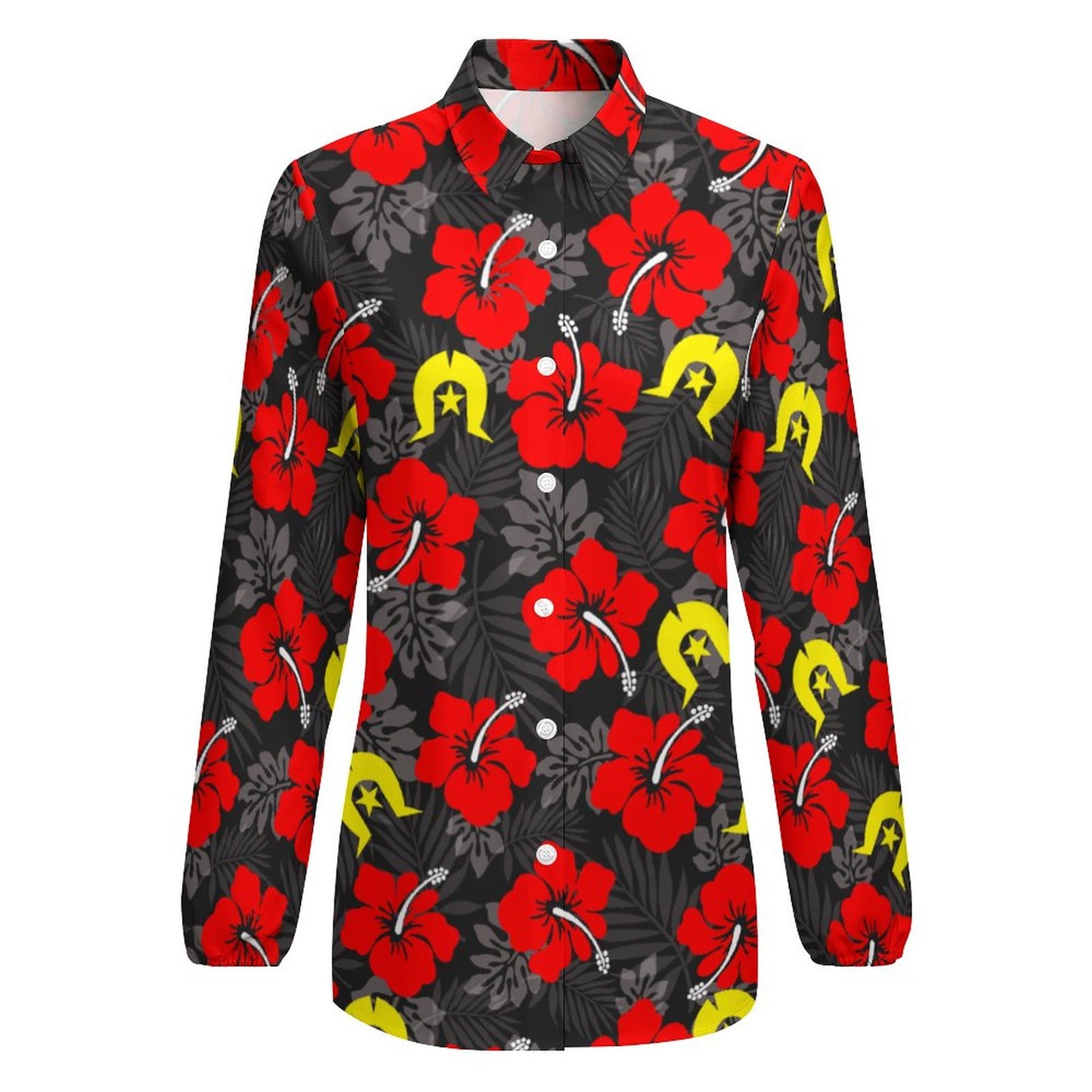 Royal Red Hibiscus with Yellow Dhari on Casual Long Sleeve Vintage Tour Shirt