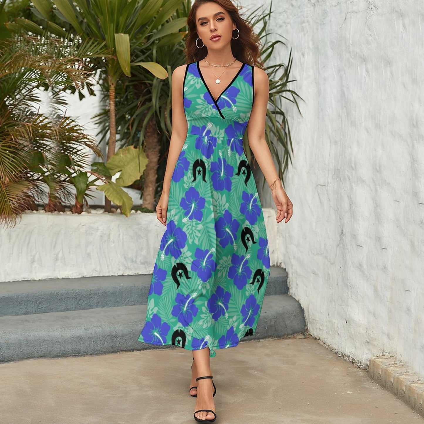 Royal Blue Hibiscus flowers with Black Dhari on V Neck Sleeveless Dress