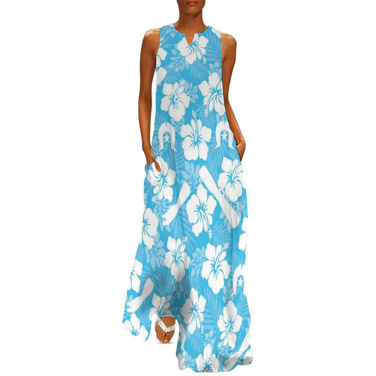 White Hibiscus flowers, Warup and Dhari on Sleeveless Ankle-length Dress