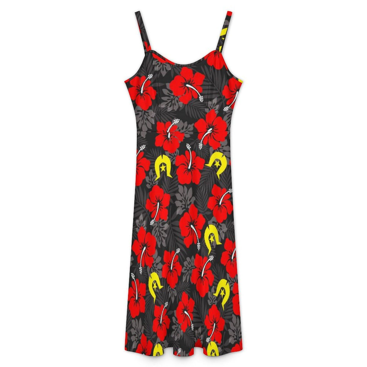 Royal Red Hibiscus with Yellow Dhari on Midi Spaghetti Strap Dress
