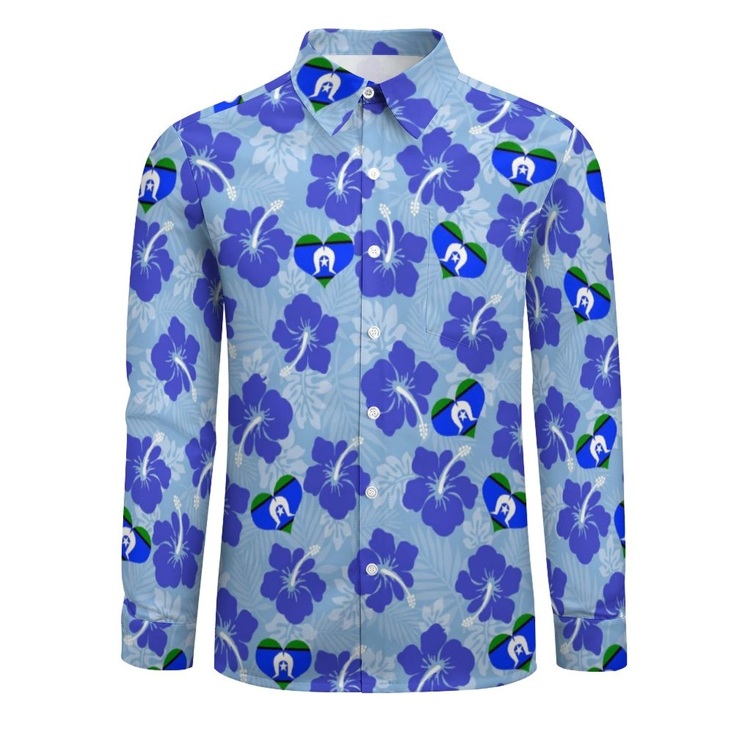Hibiscus flowers with TSI Heart Flag (Sky Blue) on Men's Long Sleeve Shirt