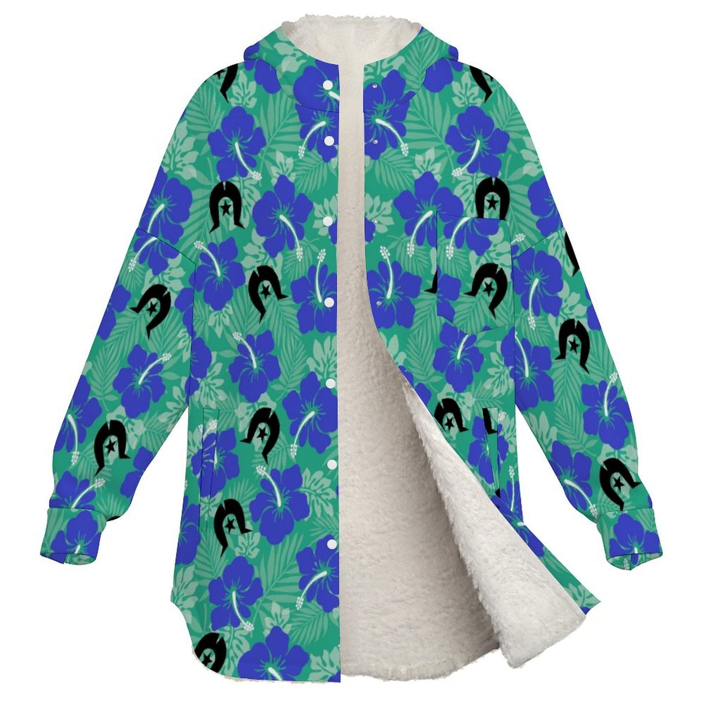 Royal Blue Hibiscus flowers with Black Dhari on Women's Full Snap Fleece Jacket