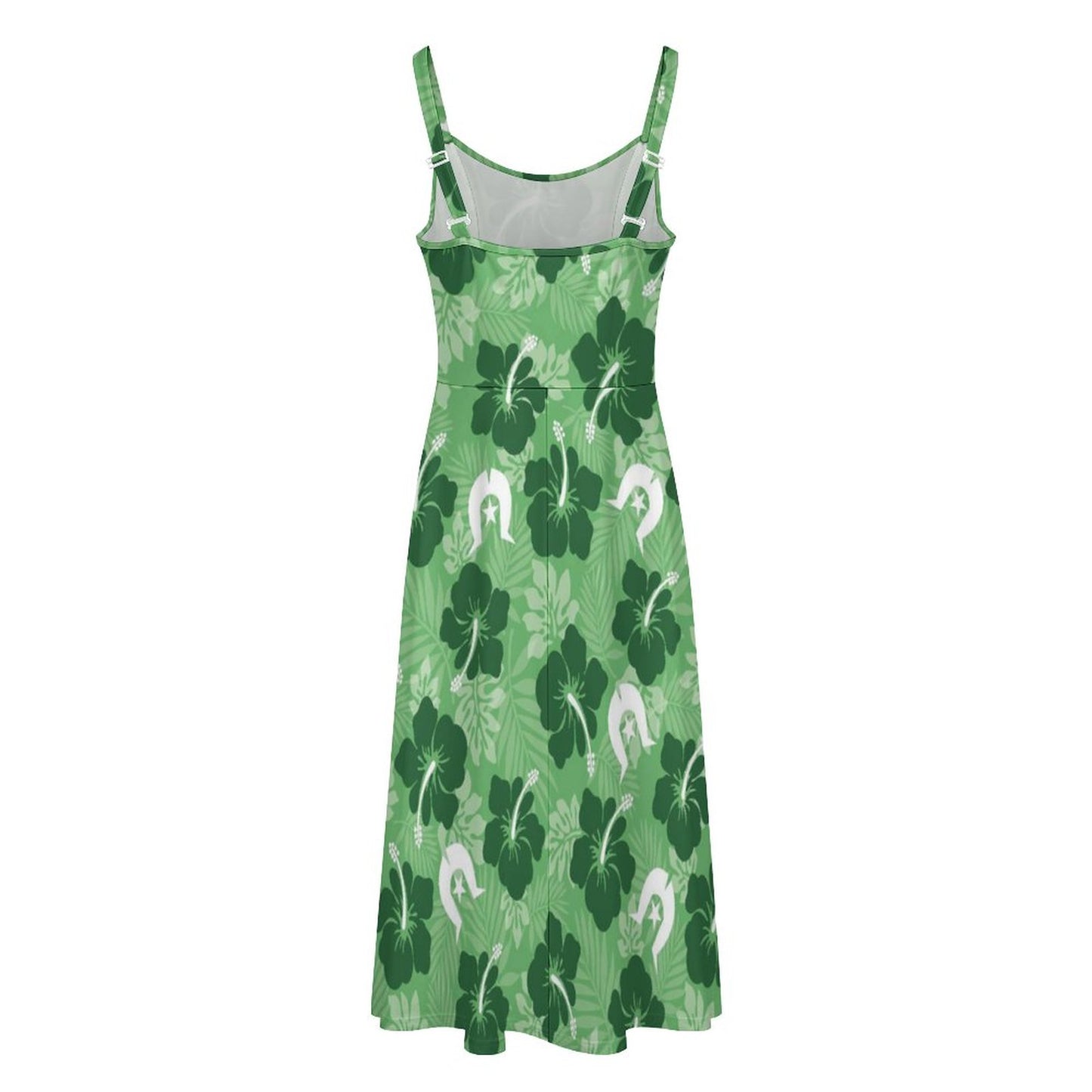 Hibiscus flowers with White Dhari (Sea Grass Green) on Midi Spaghetti Strap Dress