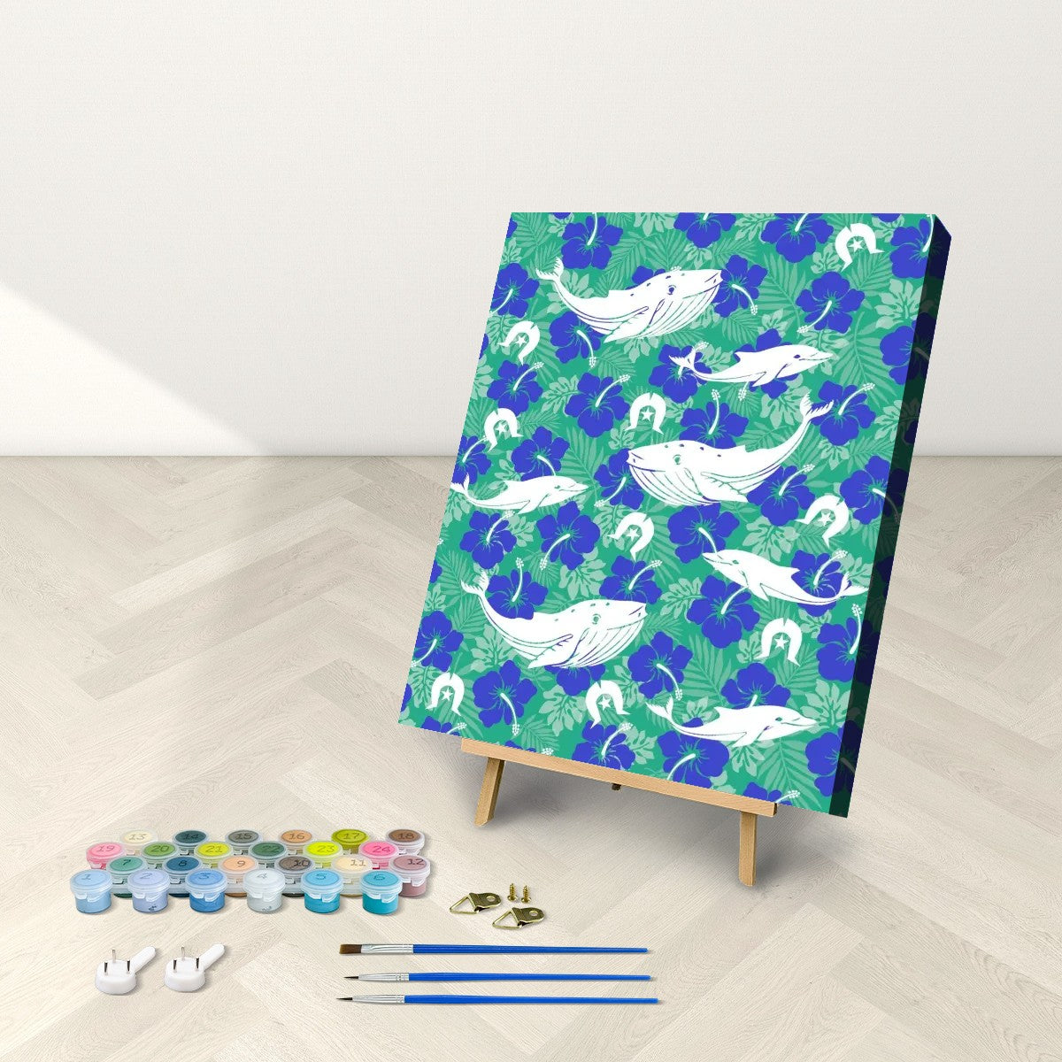 Royal Blue Hibiscus flowers with Whale, Dolphin and Dhari on Framed Paint by Numbers Kit for Adults with Stand