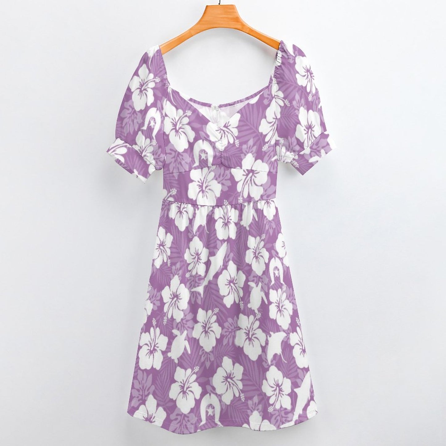 White hibiscus flowers with Dhari, Shark and Turtle (Purple) on Short Sleeve V Neck Lovely Dress