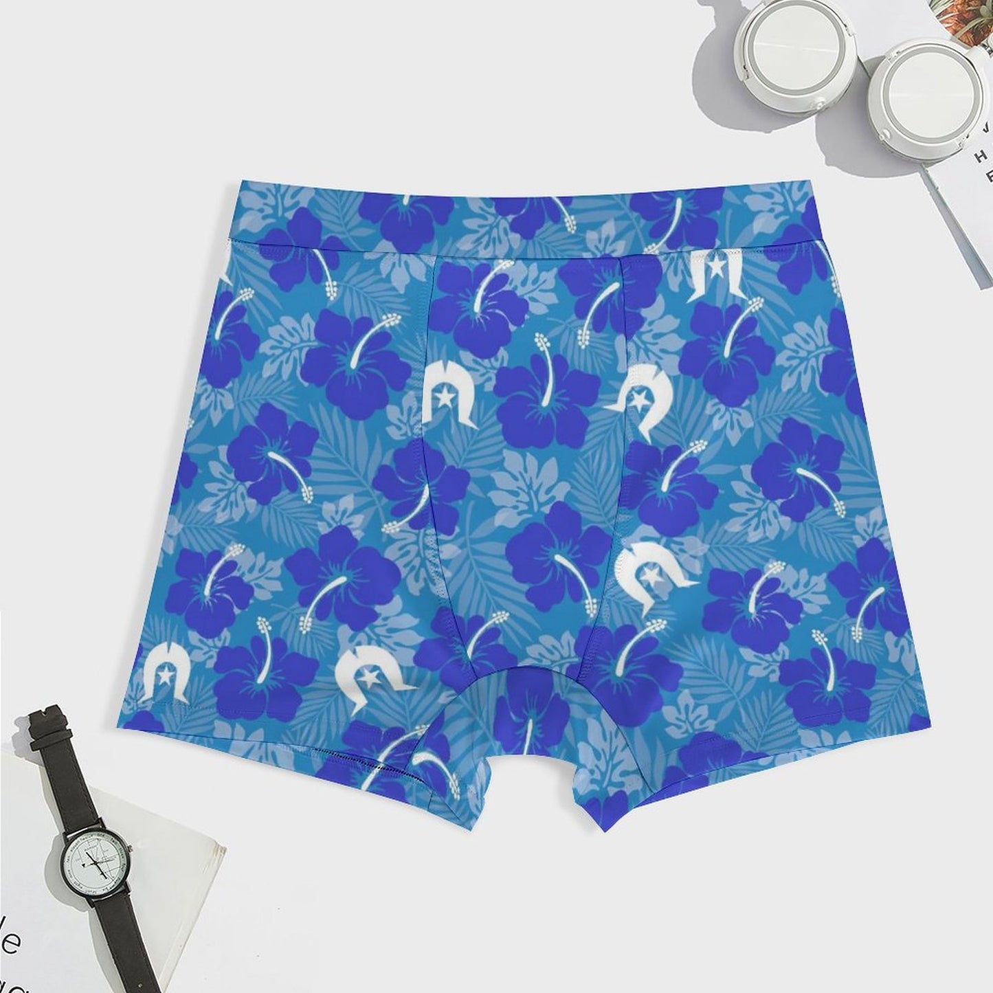 Hibiscus flowers with Dhari (Royal blue) on Milk Fiber Boxer Shorts for Men