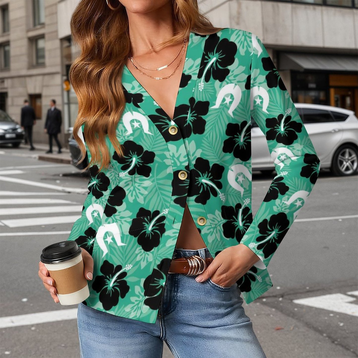 Black Hibiscus with White Dhari on 170gsm Women's Lightweight Cardigan