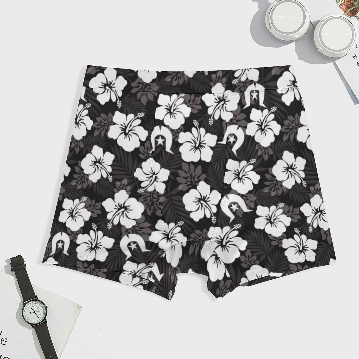 White Hibiscus and Dhari (Black) on Milk Fiber Boxer Shorts for Men