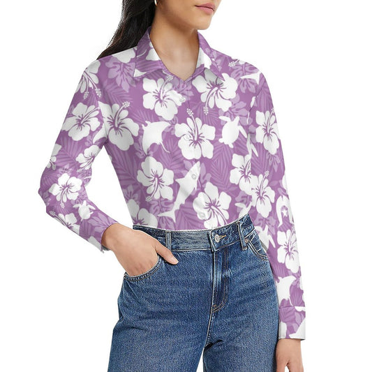 White hibiscus flowers with Dhari, Shark, turtle, and stingray (Purple) on Women's Flower Blouse Long Sleeve