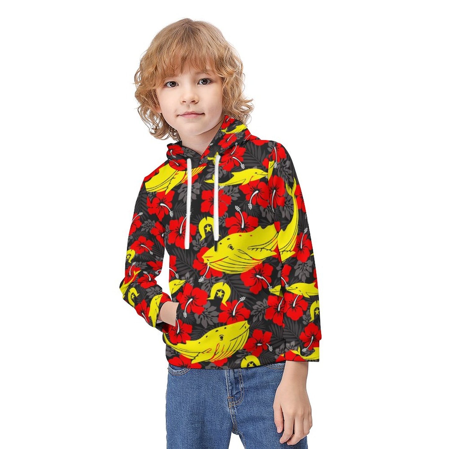 Royal Red Hibiscus with Yellow Dhari, Whale and Dolphin on Children's Hoodie