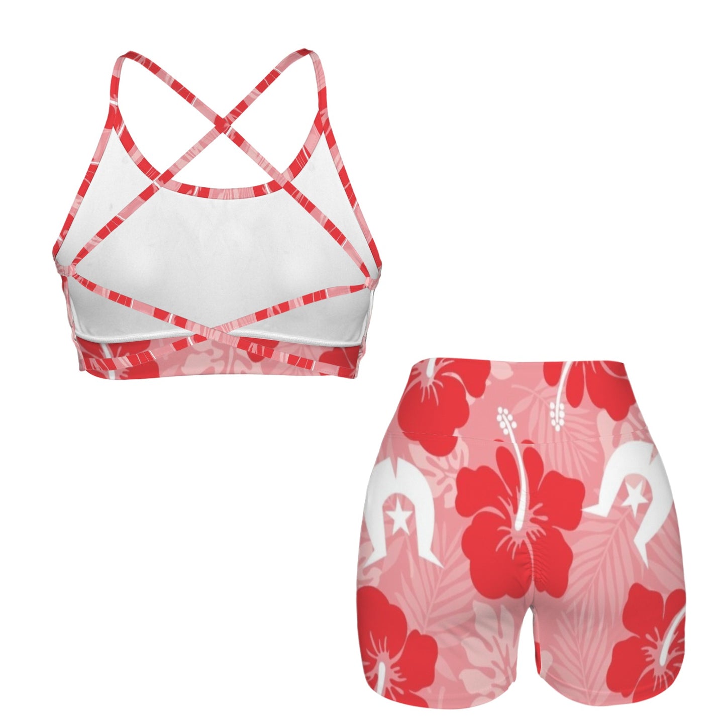 Hibiscus flowers with Dhari (Royal Pink) on Cross Back String Sports Bra & High Waist Shorts Active Sets