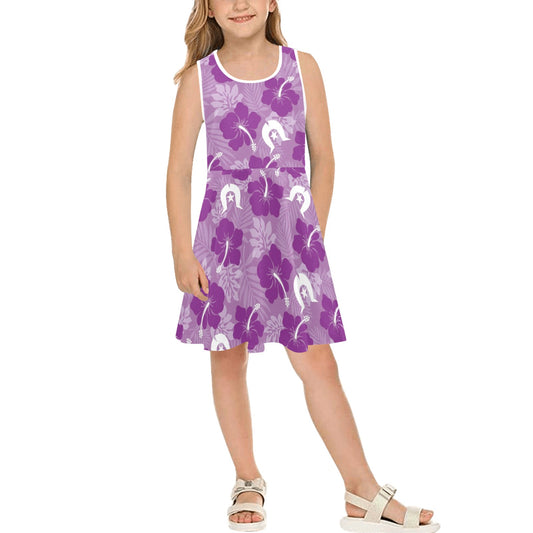 Hibiscus flowers with Dhari (Royal purple) on Girl's Sleeveless Sundress