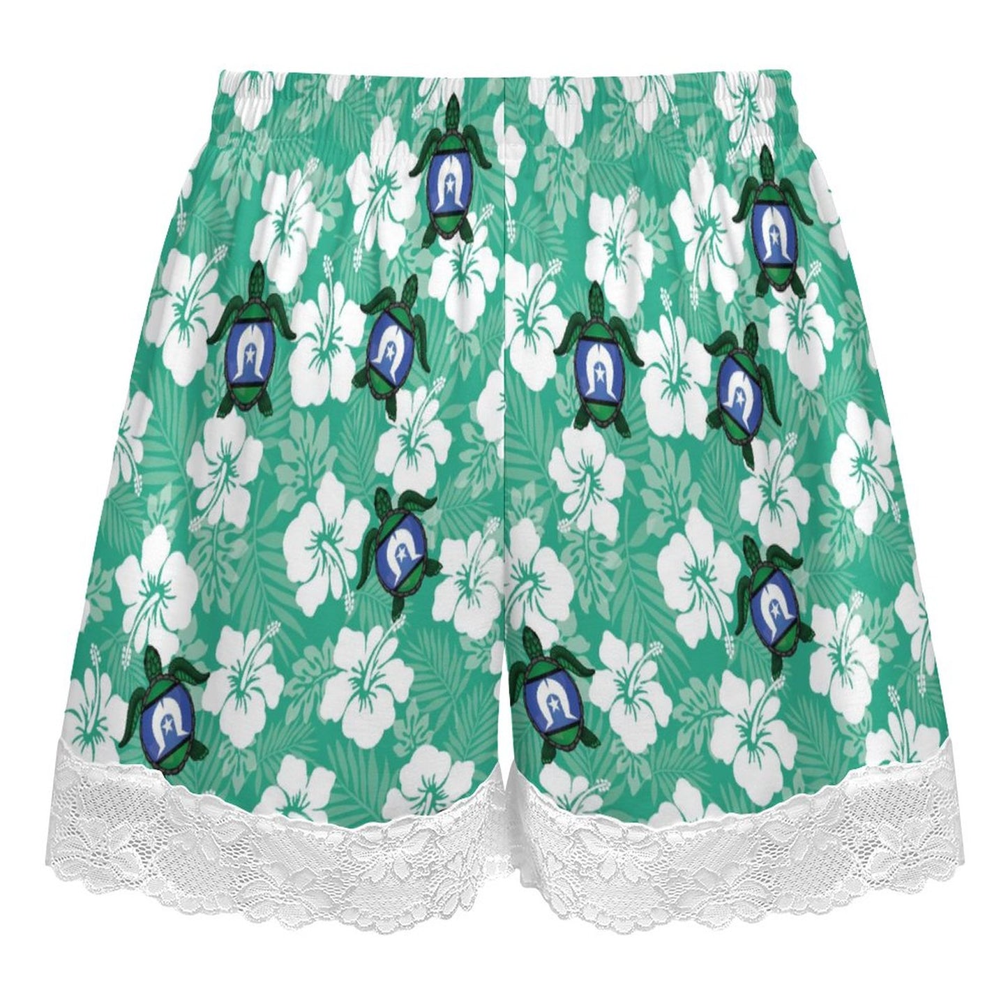 White hibiscus and Turtle with Torres Strait flag on 200gsm Women's Lace Trim Pajama Shorts