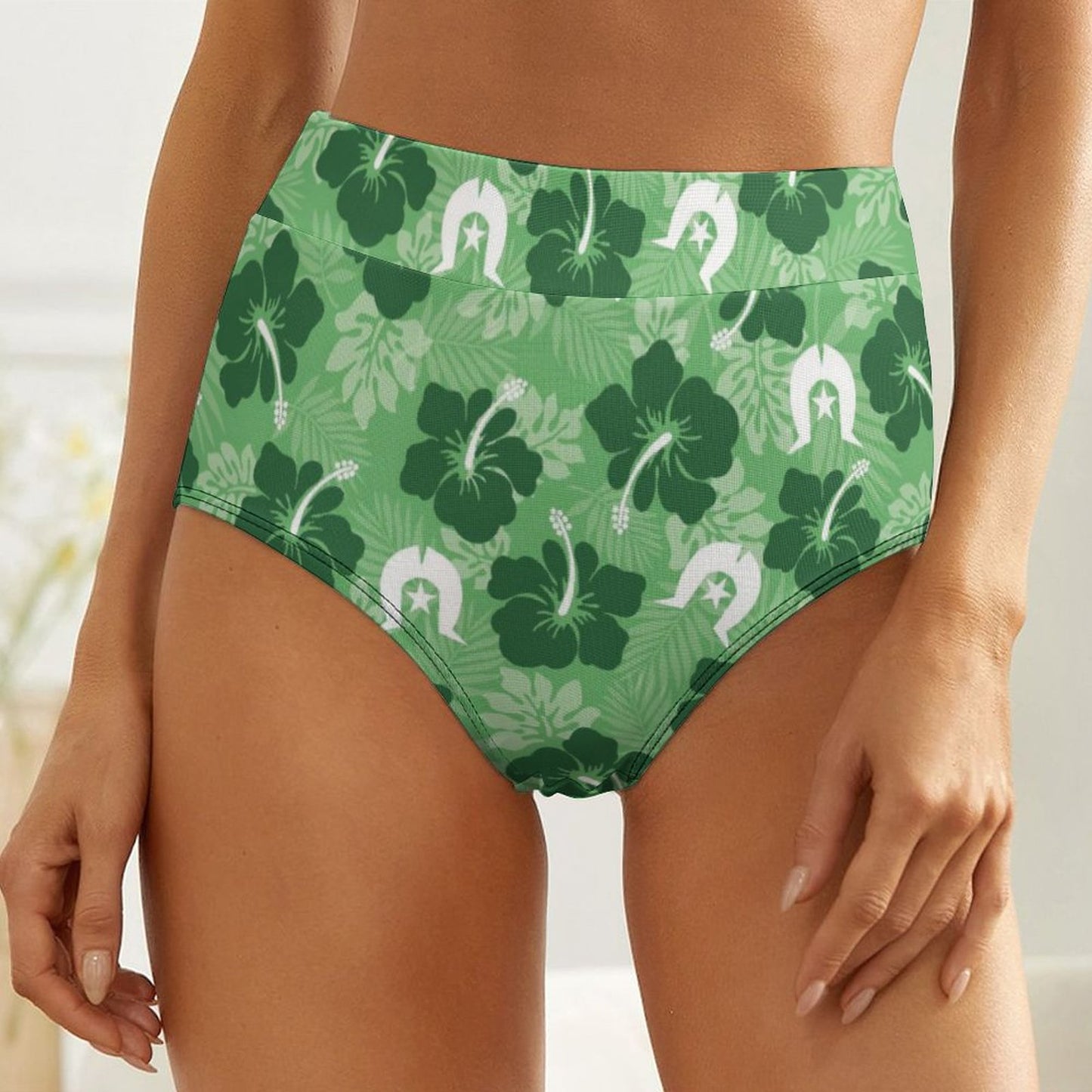 Hibiscus flowers with Dhari (Sea Grass Green) on Women's High-Rise Panties