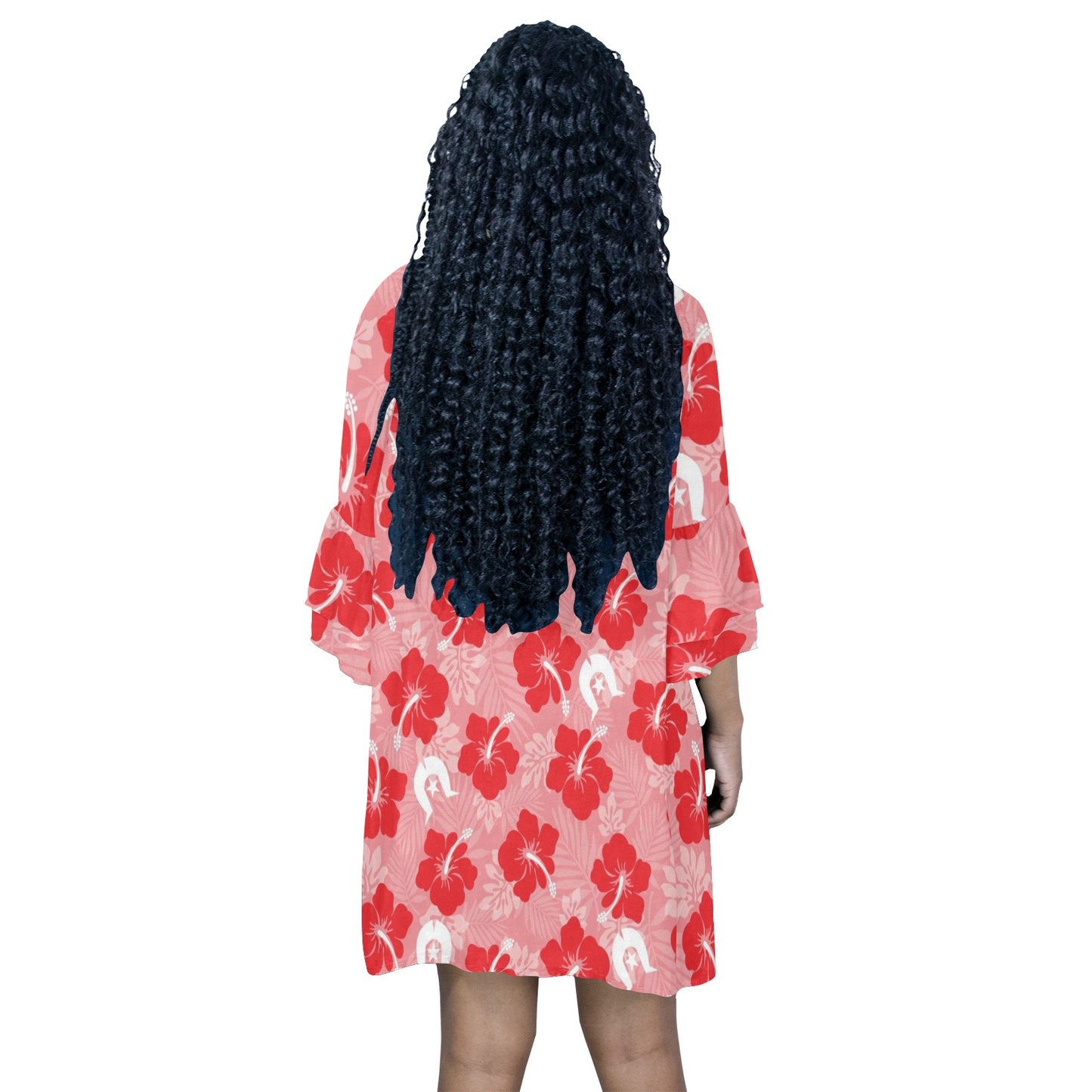 Hibiscus flowers with Dhari (Royal Pink) on Half Sleeves V-Neck Mini Dress