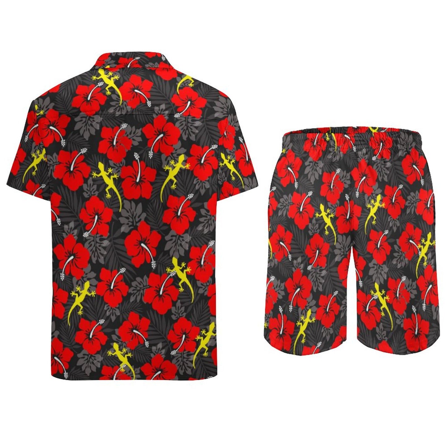 Royal Red Hibiscus flowers with Gecko on Hawaiian Suits for Men