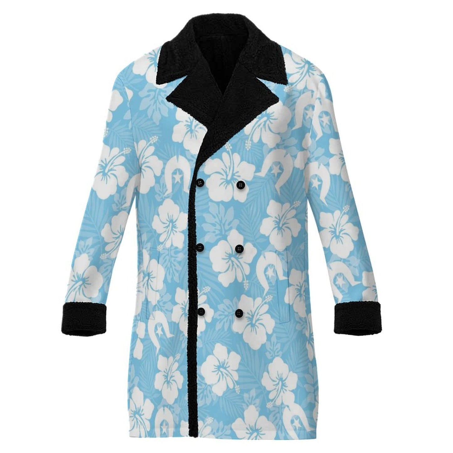 White Hibiscus and Dhari (blue) on Men's Double Breasted Coat