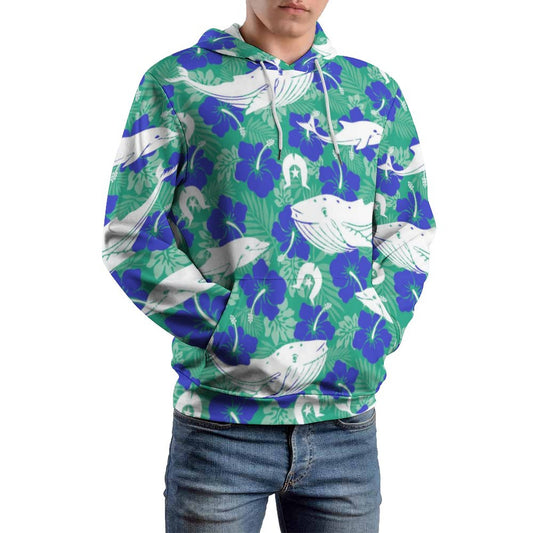 Royal Blue Hibiscus flowers with Whale, Dolphin and Dhari on Men's Cool Hoodie with Double-layer Cap