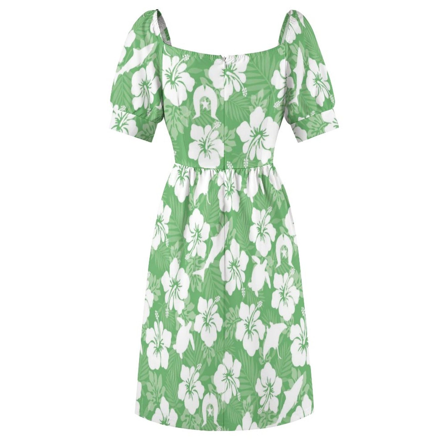 White hibiscus flowers with Dhari, Shark, turtle, and stingray (Green) on Short Sleeve V Neck Lovely Dress