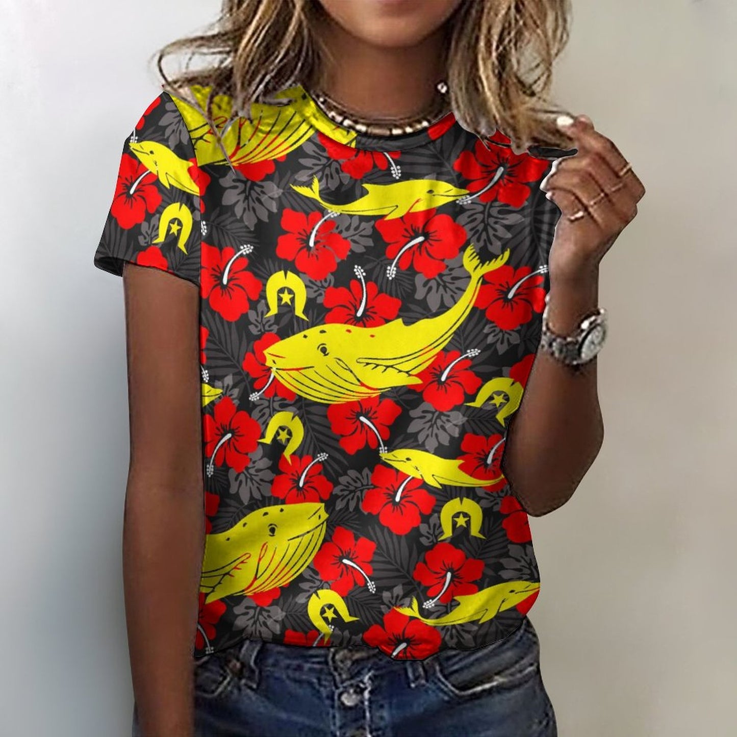 Royal Red Hibiscus with Yellow Dhari, Whale and Dolphin on Cotton Summer Short Sleeve T-Shirts for Women