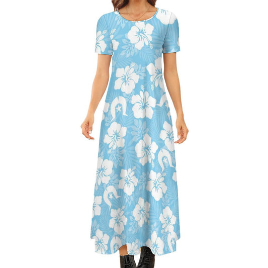 White Hibiscus and Dhari (blue) on Round Neck Short Sleeve Dress