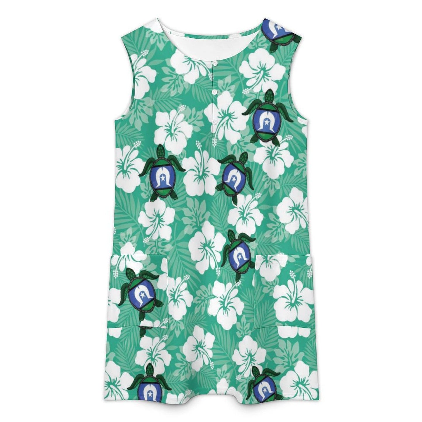 White hibiscus and Turtle with Torres Strait flag on Sleeveless Pocket Dress