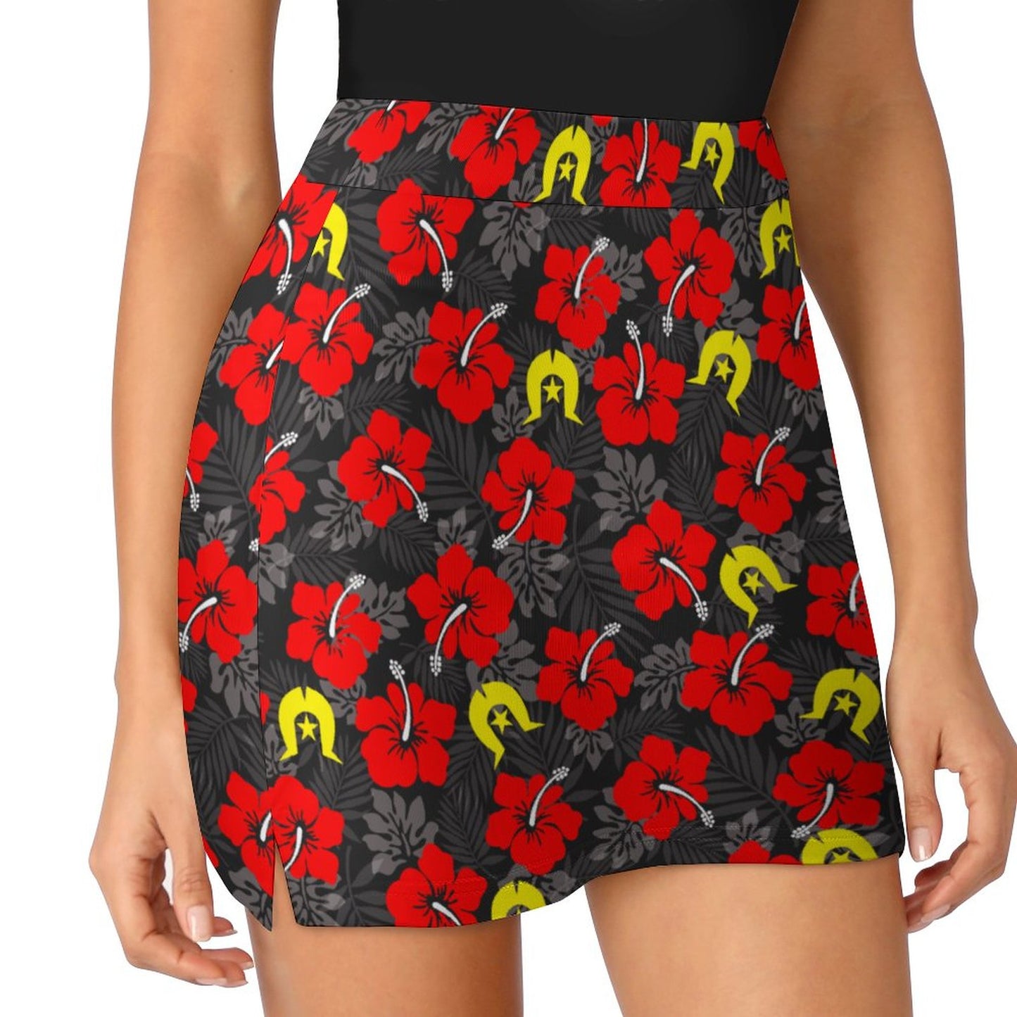 Royal Red Hibiscus with Yellow Dhari on Anti-peep Skort with Pocket AMQ