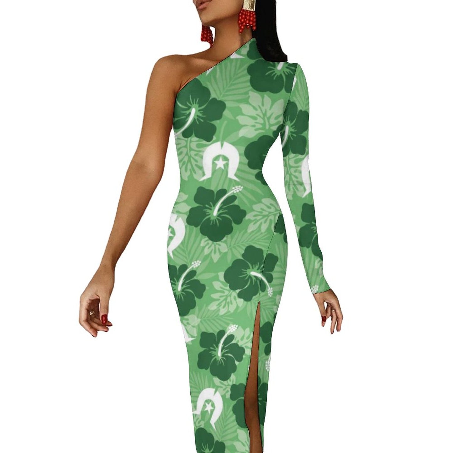 Hibiscus flowers with Dhari (Sea Grass Green) on One Shoulder Split Dress BIQ